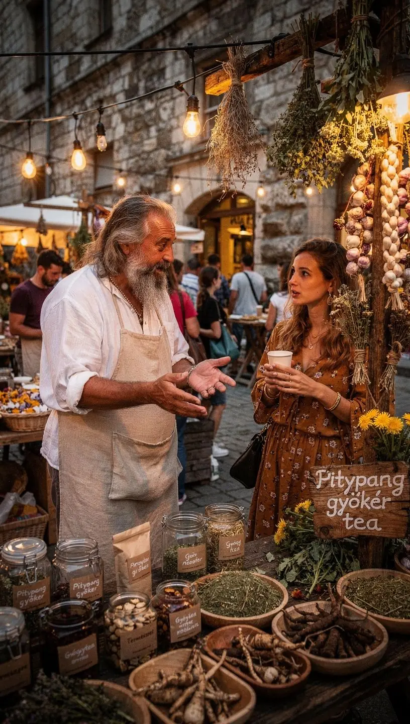 Kávéscsésze, mellette friss pitypanggyökér tea és sütemény.